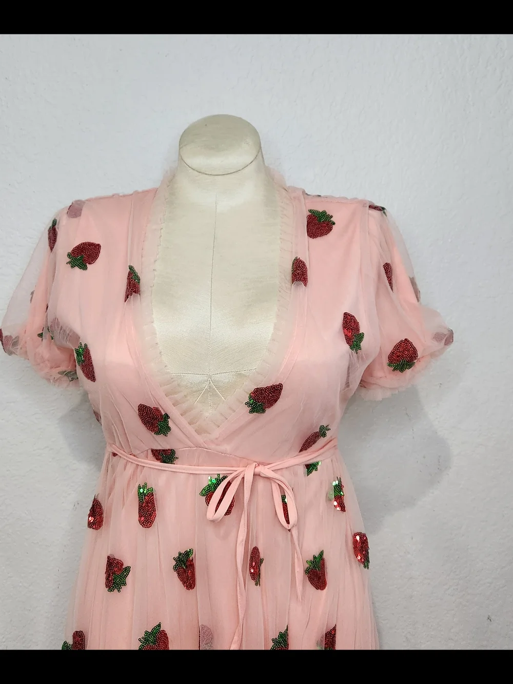 Sheer Pink Strawberry Embroidered Wrap Dress